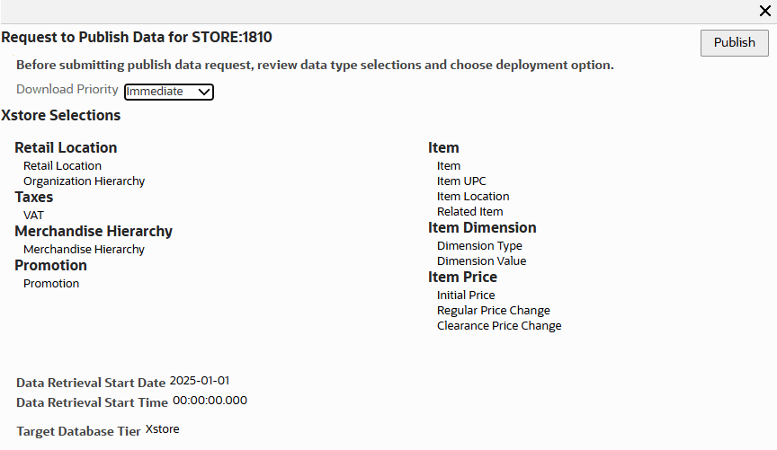 Request to Publish Data Window with the Target Database Tier Xstore