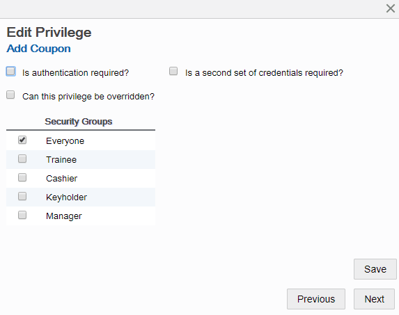 Edit Security Privilege window Edit Security Privilege window