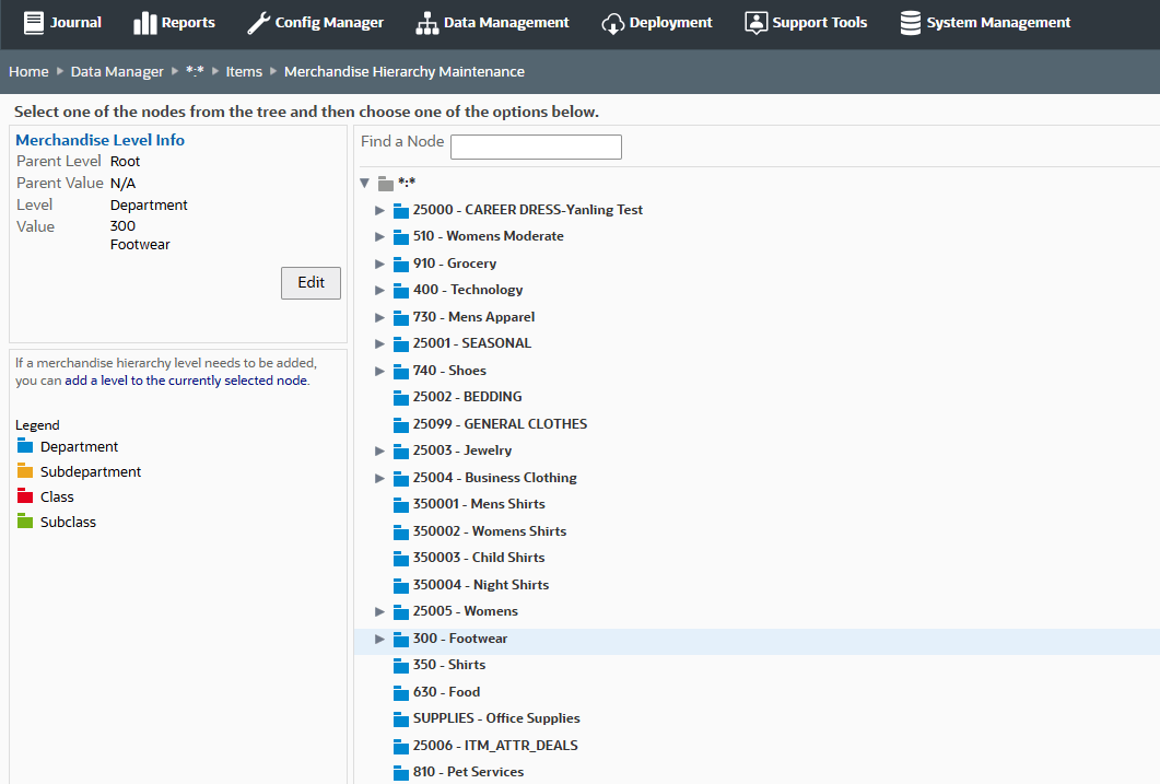 Merchandise Hierarchy Maintenance page Merchandise Hierarchy Maintenance page