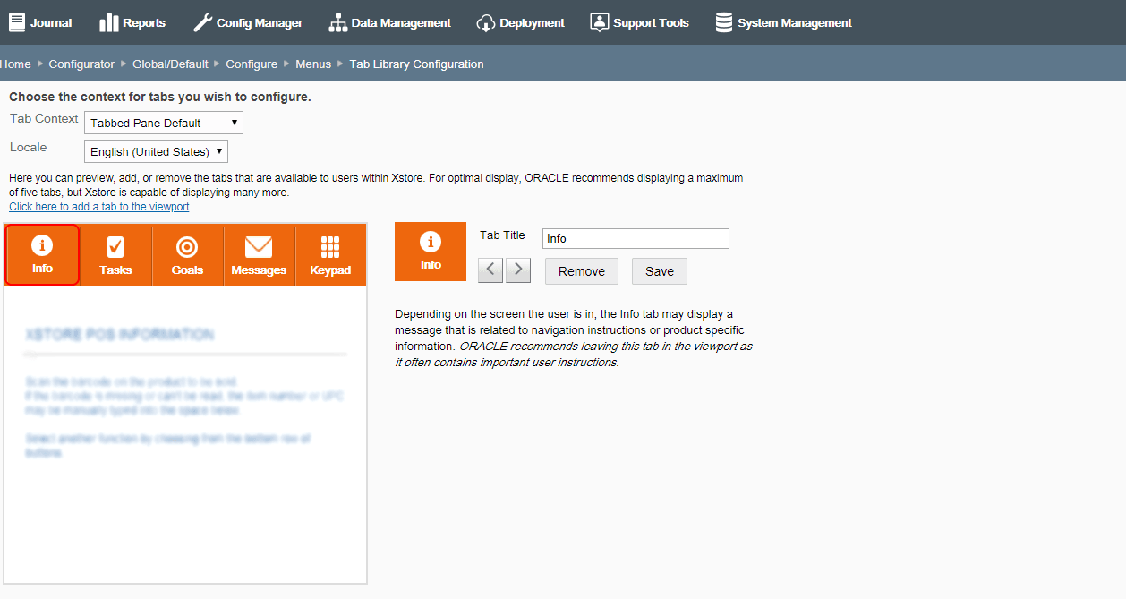 Tab Library Configuration page Tab Library Configuration page
