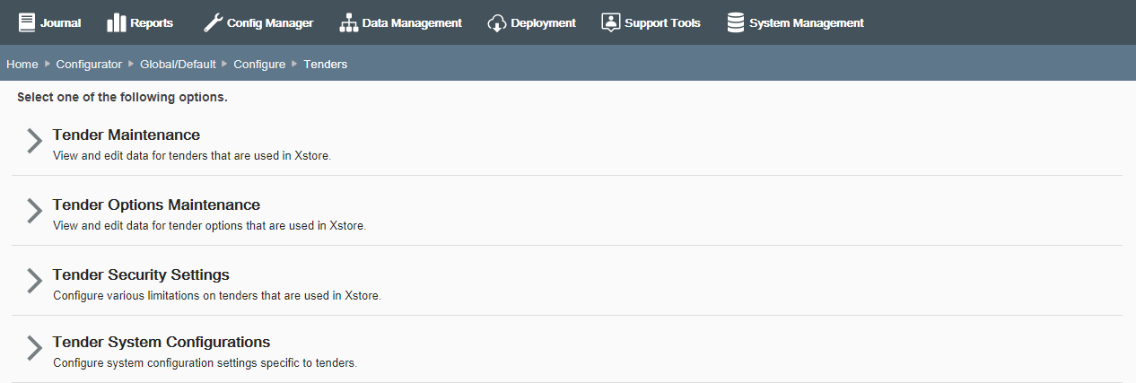 Tender Configuration page Tender Configuration page