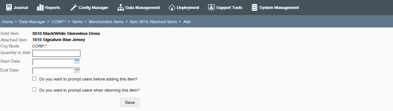 Attached Items - Add Item page