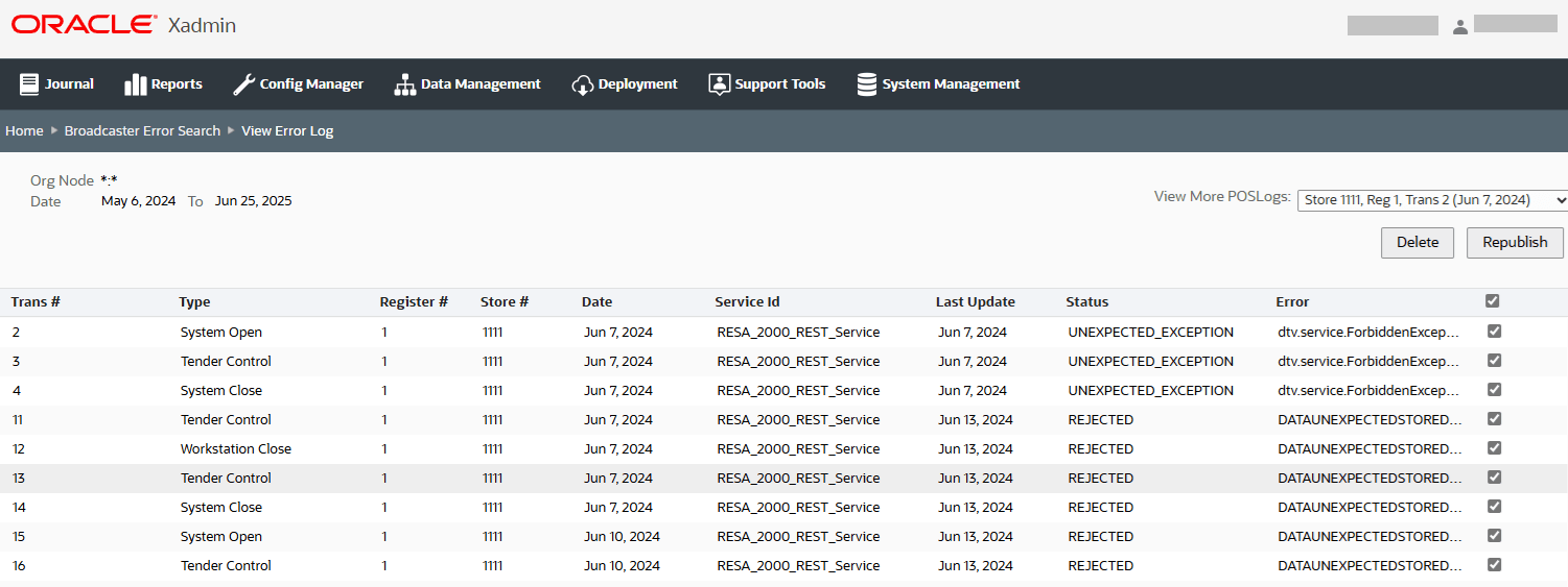 Broadcaster Error Search - View Error Log