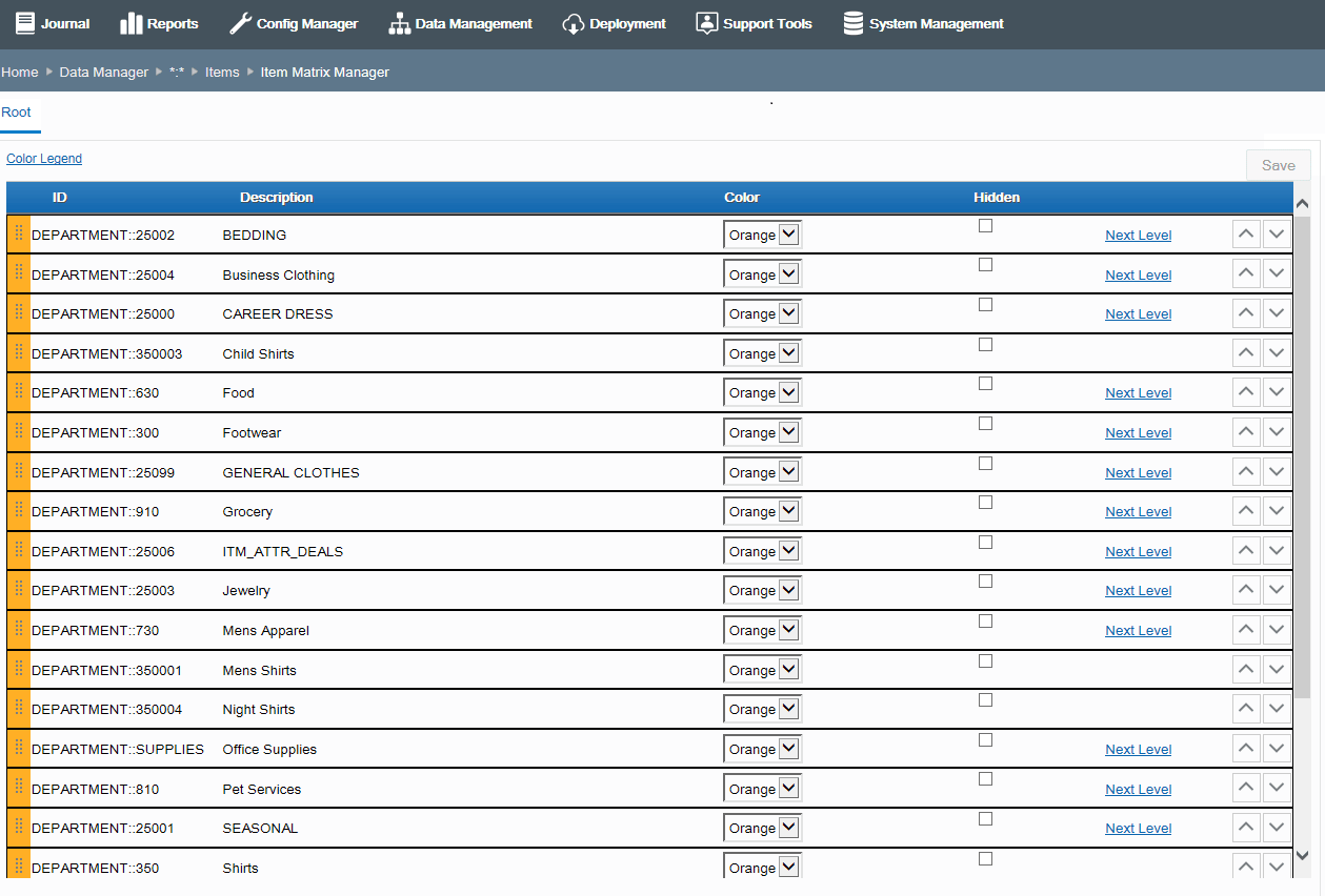 Item Matrix Manager page