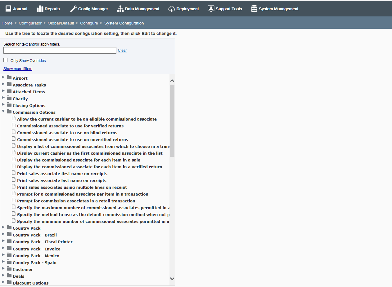 System Configuration Page - Categories expanded