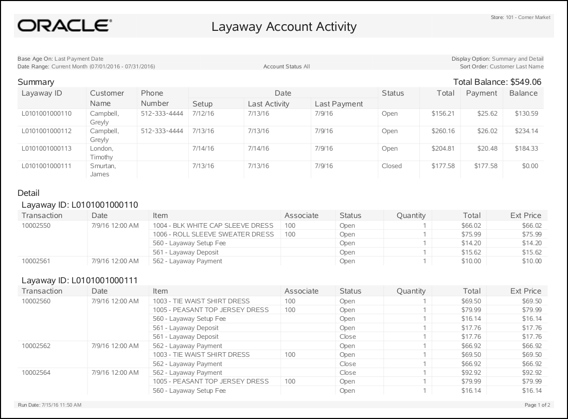 Layaway Account Activity Report