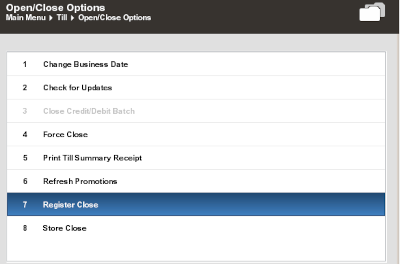 Open/Close Options - Register Close