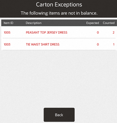 Carton Exceptions List