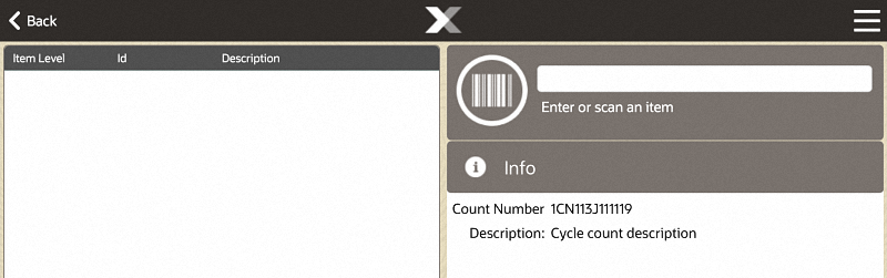 Cycle Count Setup Screen - Mobile Tablet