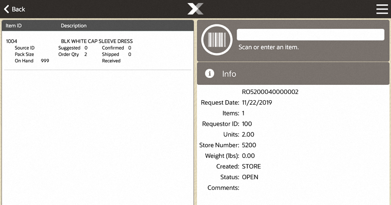 Inventory Replenishment Screen Item List