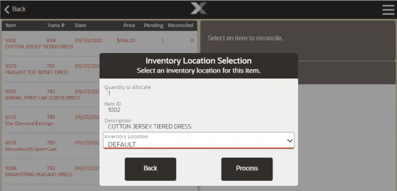 Select Source Location for Item Being Reconciled