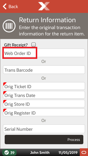 Return Information form - Web Order ID marked