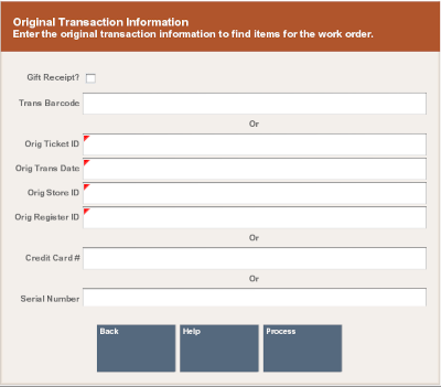 Work Order Original Transaction Search Form