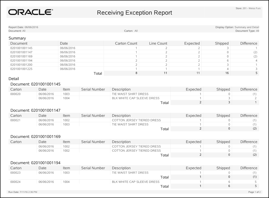 Receiving Exception Report