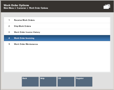 Work Order Options Menu - Work Order Receiving