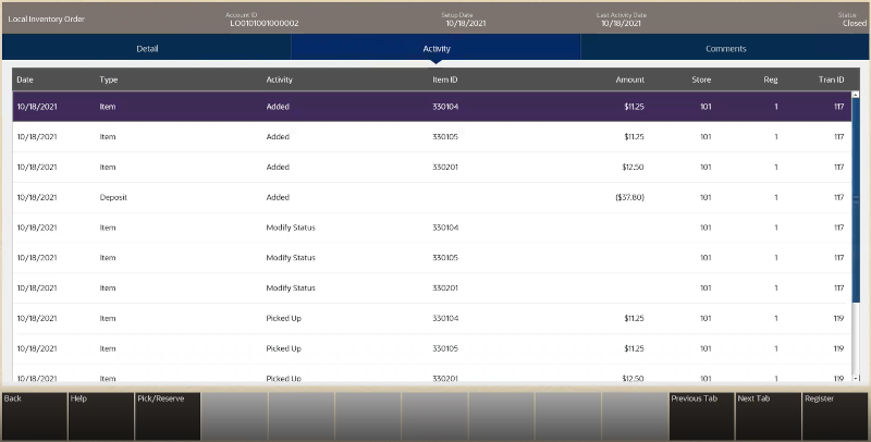 Local Inventory Order Activity Tab