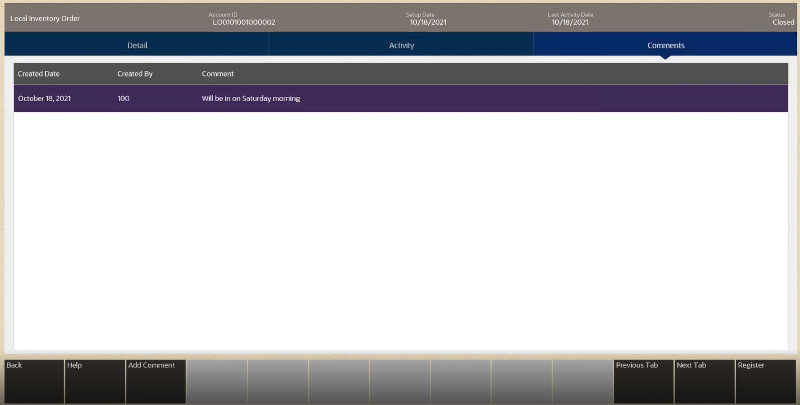 Local Inventory Order Comments Tab
