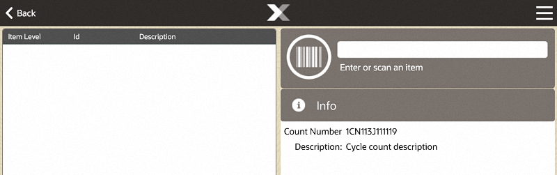 Cycle Count Setup Screen - Mobile Tablet Cycle Count Setup Screen - Mobile Tablet