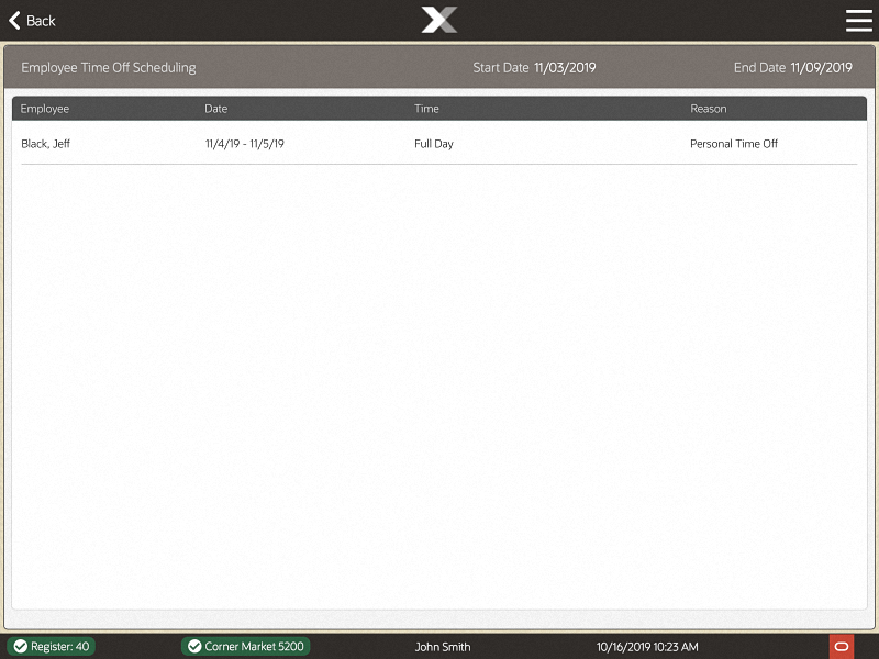 Employee Time Off Scheduling Screen