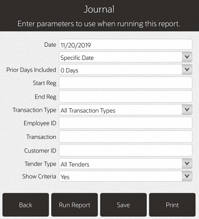 Journal Report Parameters