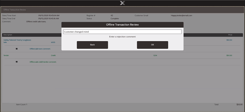 Offline Transaction Rejection Comment