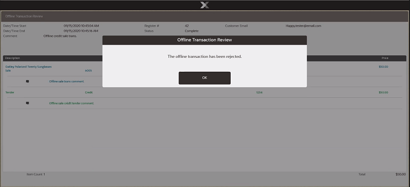 Offline Transaction Rejection Confirmation