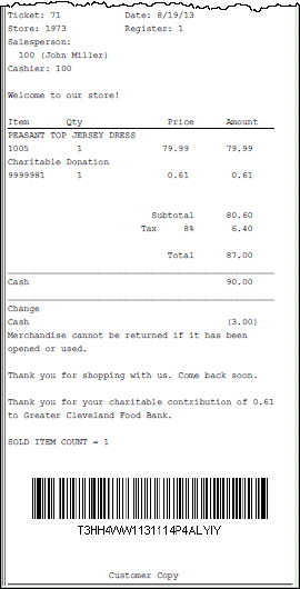 Customer Sale Receipt - Cash Tender Example