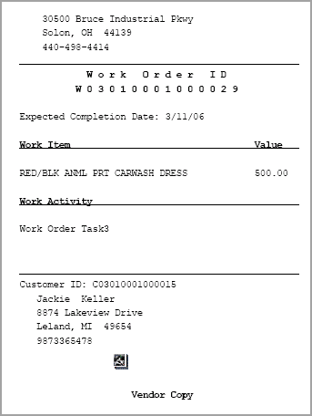 Work Order Receipt - Vendor Copy Sample