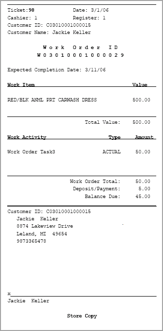 Work Order Receipt, Customer Copy Sample