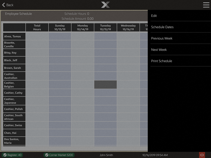 Employee Schedule Screen Showing Context Menu