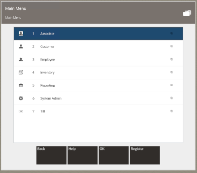 Back Office Main Menu Inventory Option Selected