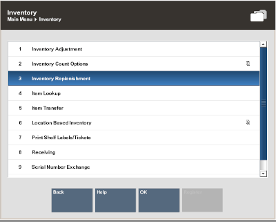 Inventory Menu Inventory Replenishment Selected