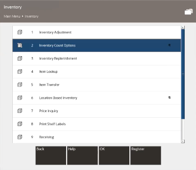 Inventory Menu Inventory Count Option Selected