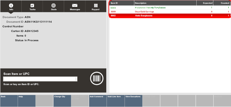 Receiving Screen Item List Showing Discrepancy