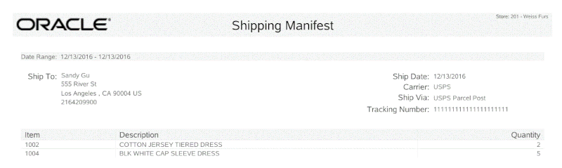 Shipping Manifest Report