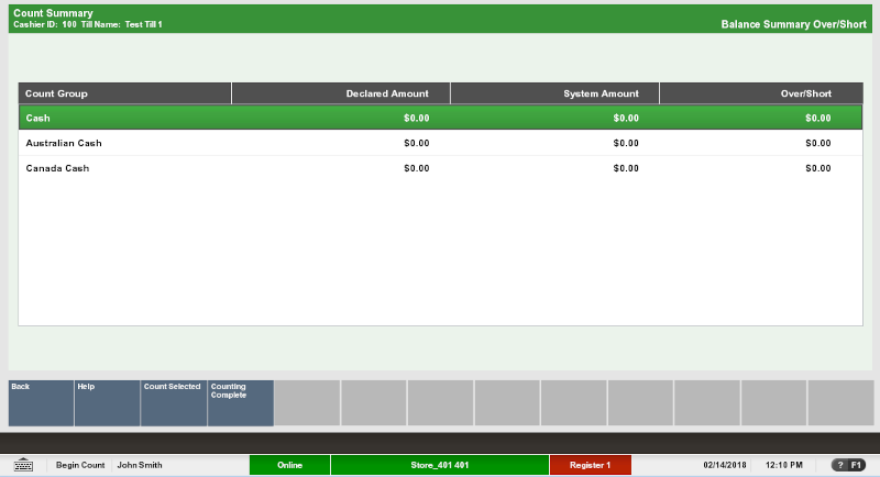 Begin Count Summary Screen