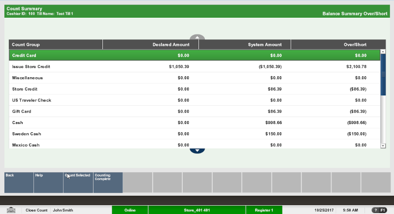 Close Count Summary Screen