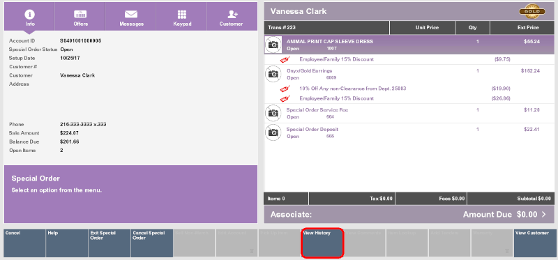 Special Order View History Option