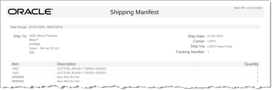 Shipping Manifest Report Shipping Manifest Report