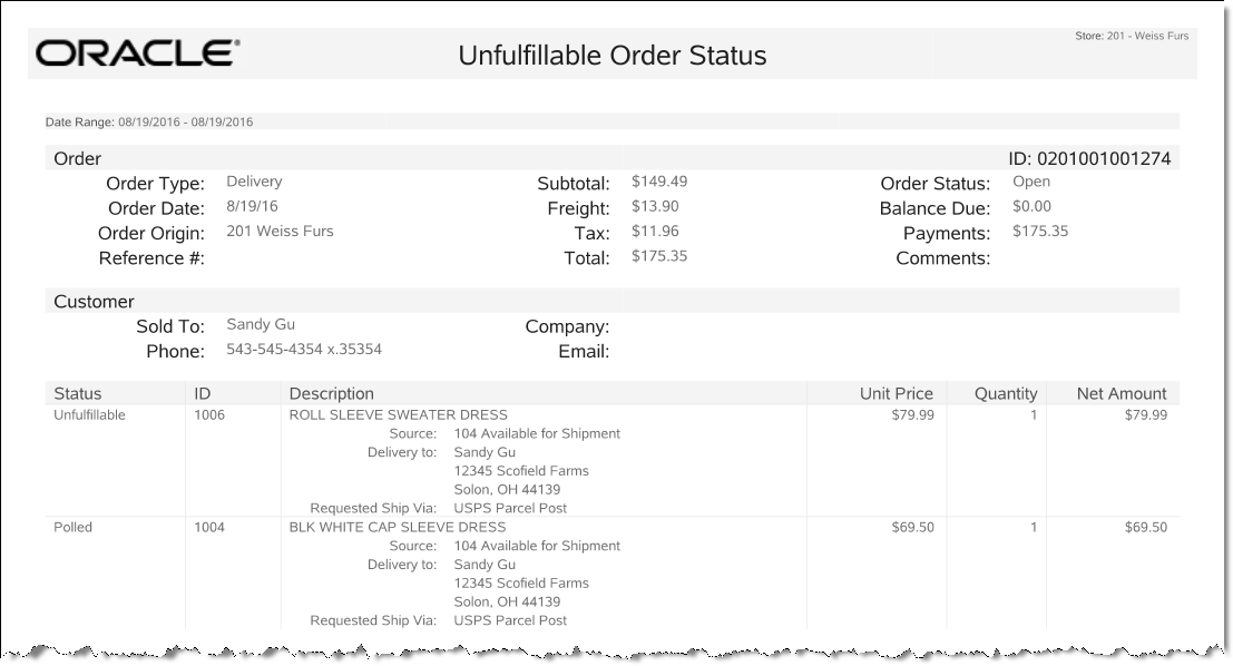 Unfulfillable Order Status Report