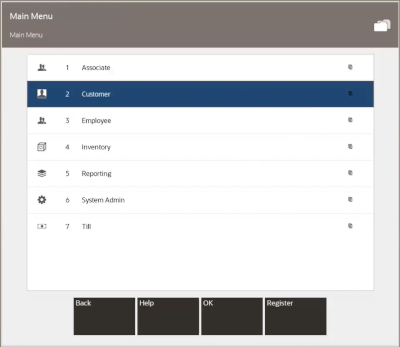 Back Office Main Menu - Customer Option