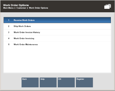 Work Order Options Menu - Receive Work Orders