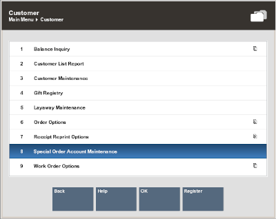 Customer Menu - Special Order Account Maintenance