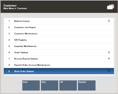 Customer Menu - Work Order Options