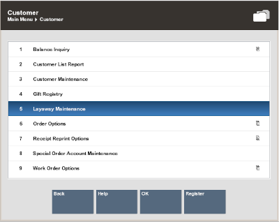 Customer Menu - Layaway Maintenance