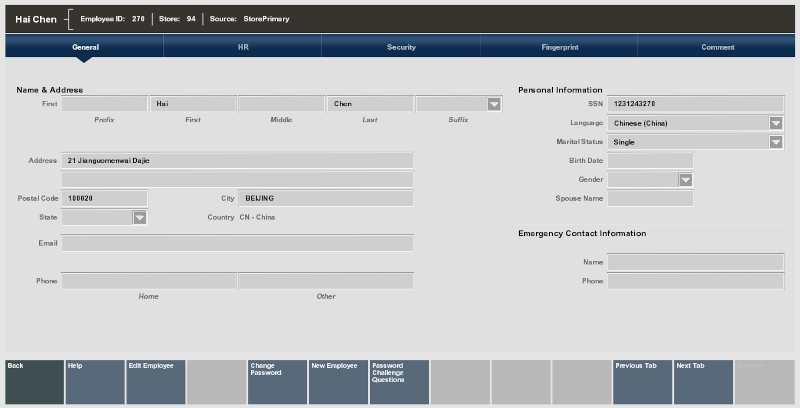 Employee Record Read-Only showing 5 Tab Sections