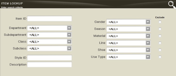 Item Lookup - Search Criteria