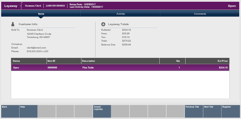 Layaway screen