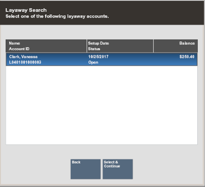 Layaway Search Results List