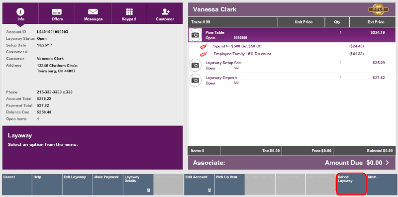 Layaway Screen - Cancel Layaway